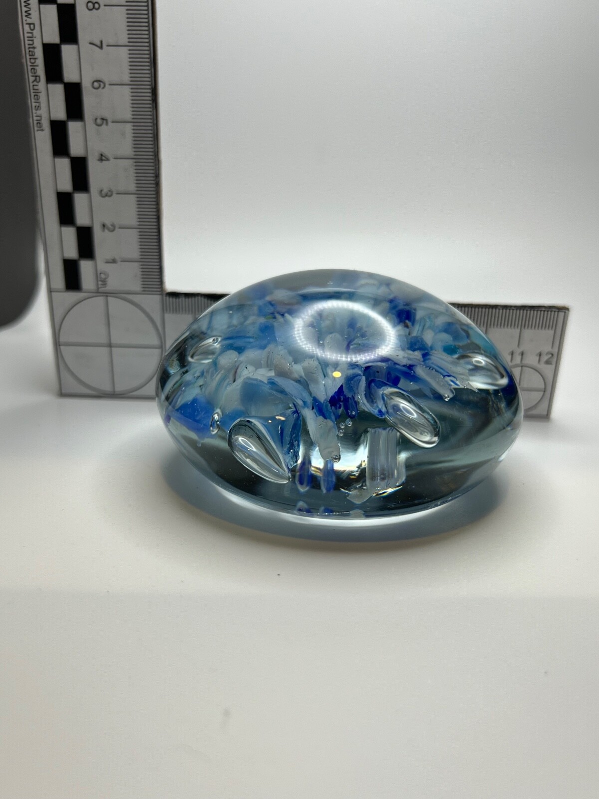 Kent Helms Blue & White Flowers w/Control Bubbles Paperweight 4” W x 2″ T