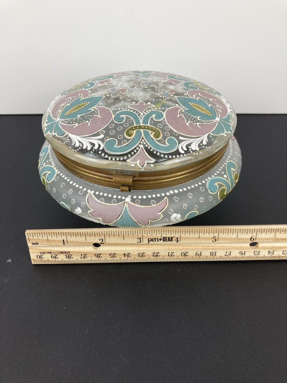 Large Antique Bohemian Enameled Pink/Blue/Light Green Trinket /Dresser Jar NICE