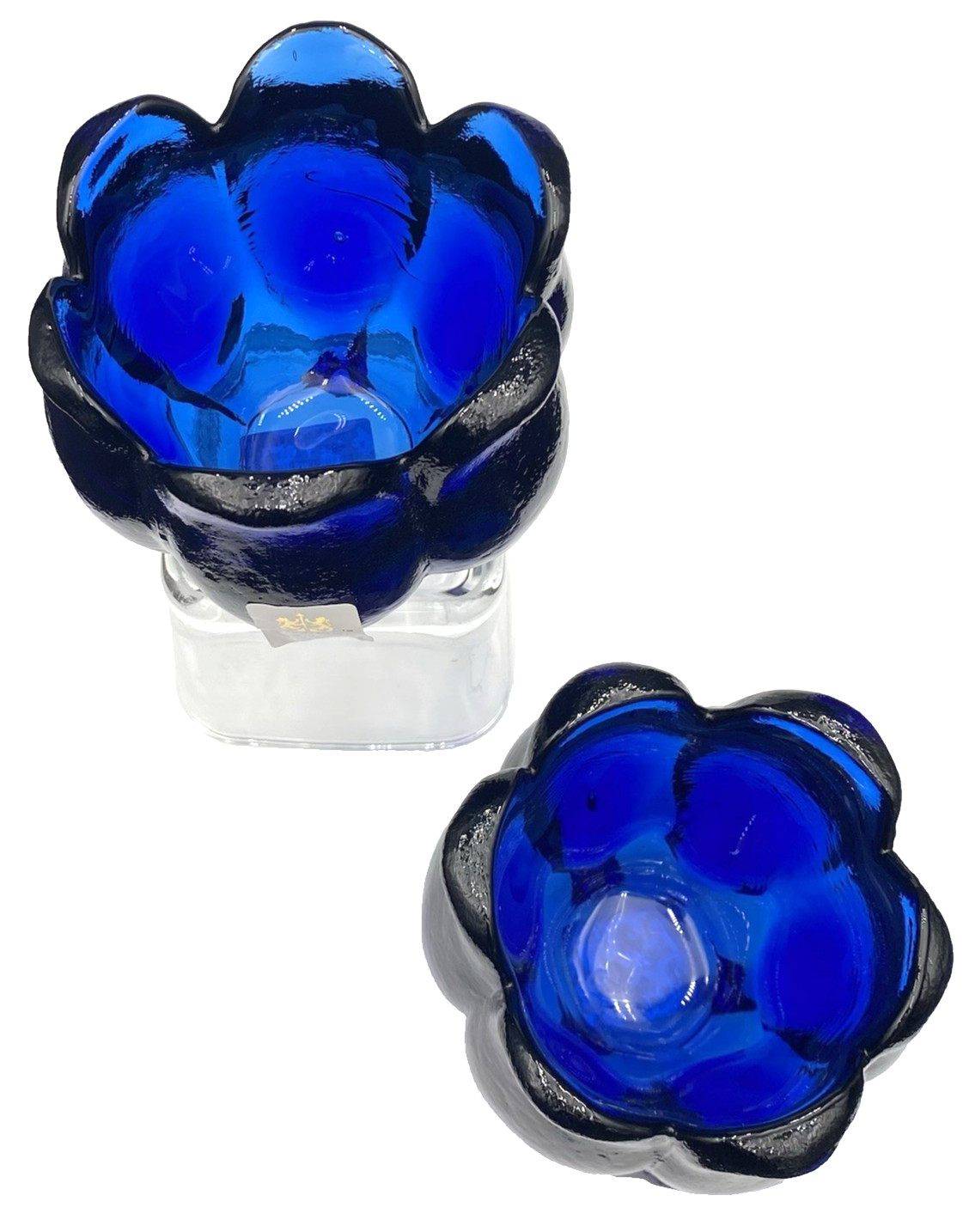 Pair – Design Guild, Spain, Crystal Clear Cobalt Blue Heavy Glass Candle Holders