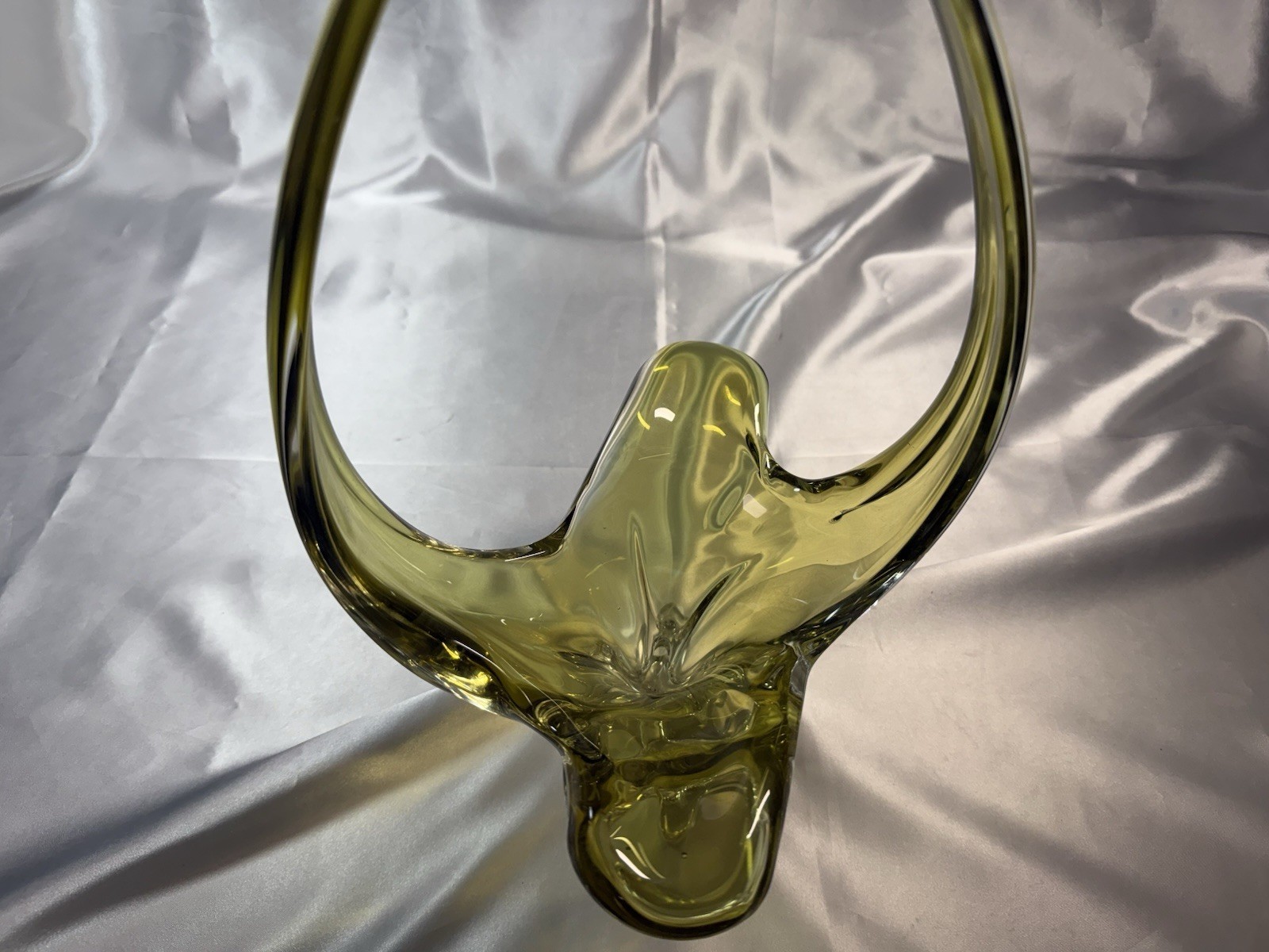 Chalet of Canada Art Glass Green Lorraine Olive Basket Mid Century Modern Vase
