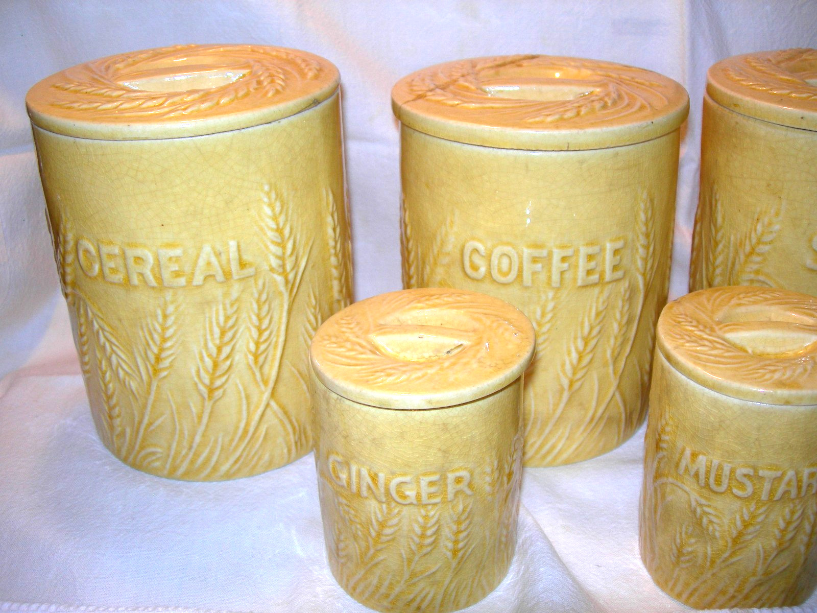 Antique Hull Pottery 9 pc Cannister Set Wheat Design RARE