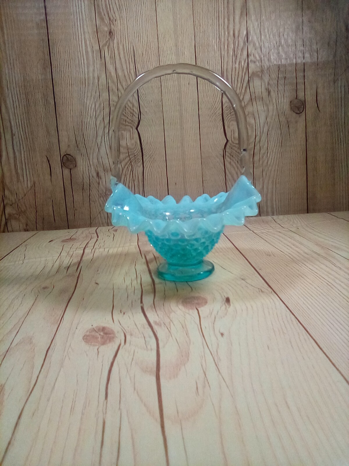 Vintage Small Fenton Aqua Blue Opalescent Hobnail Ruffled Glass Basket