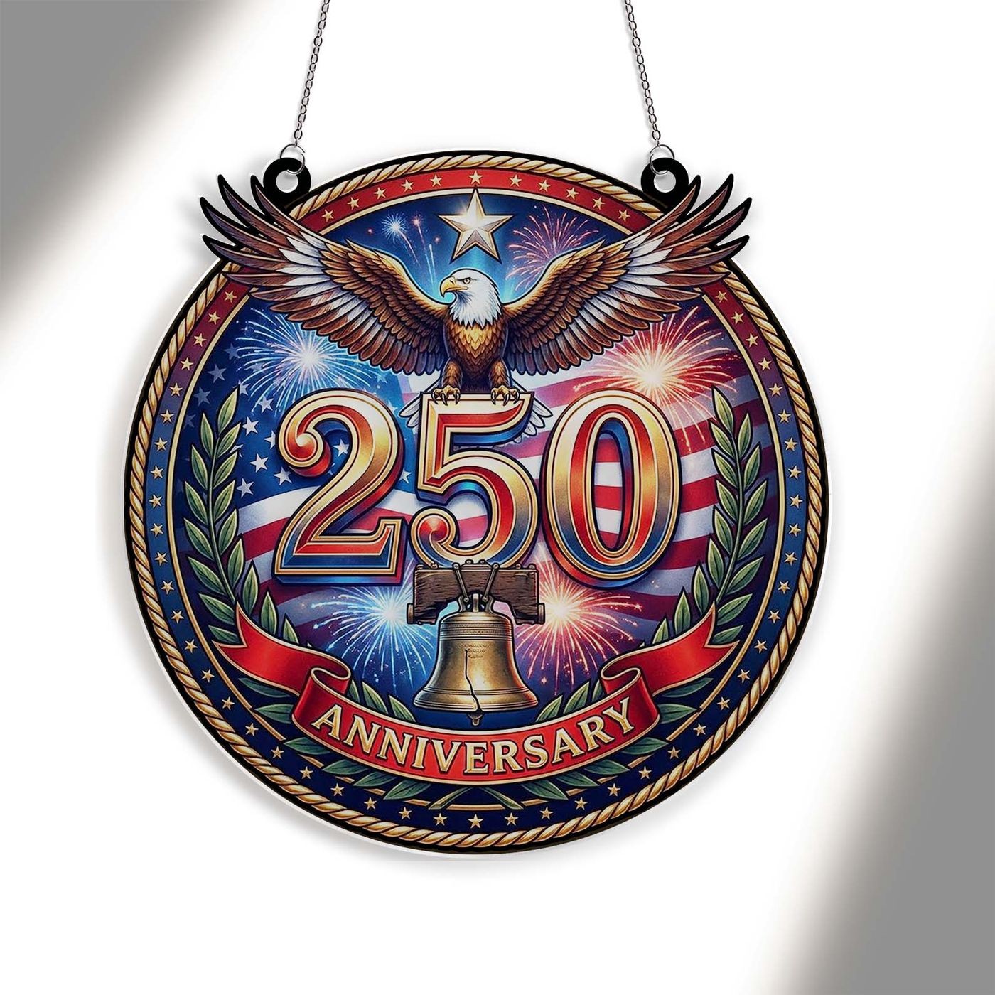 250 Years USA Anniversary Suncatcher Ornament, Patriotic Eagle Liberty Bell