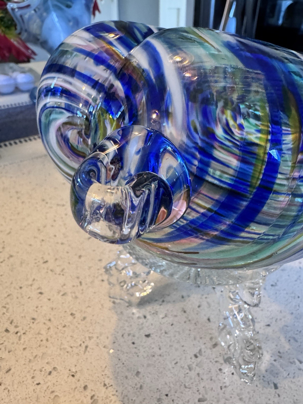 Large Hand Blown Studio Art Glass Heart Blue White Multicolor 7” x 6” 2.5 lbs