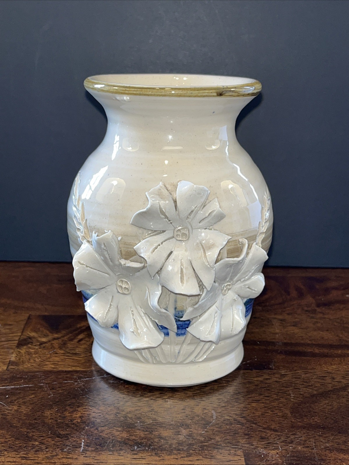 Hand Thrown and Decorated Art Pottery Vase 3D Flowers 5 3/4″ Tall Stamped BD