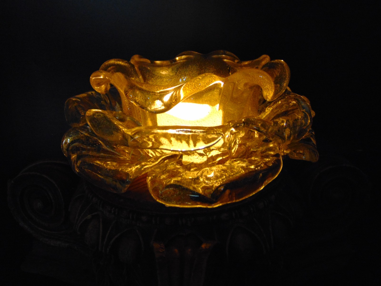 3 Vintage Murano Archimede Seguso GOLD Glass FLORIFORM TEALIGHT HOLDER ROSE BOWL