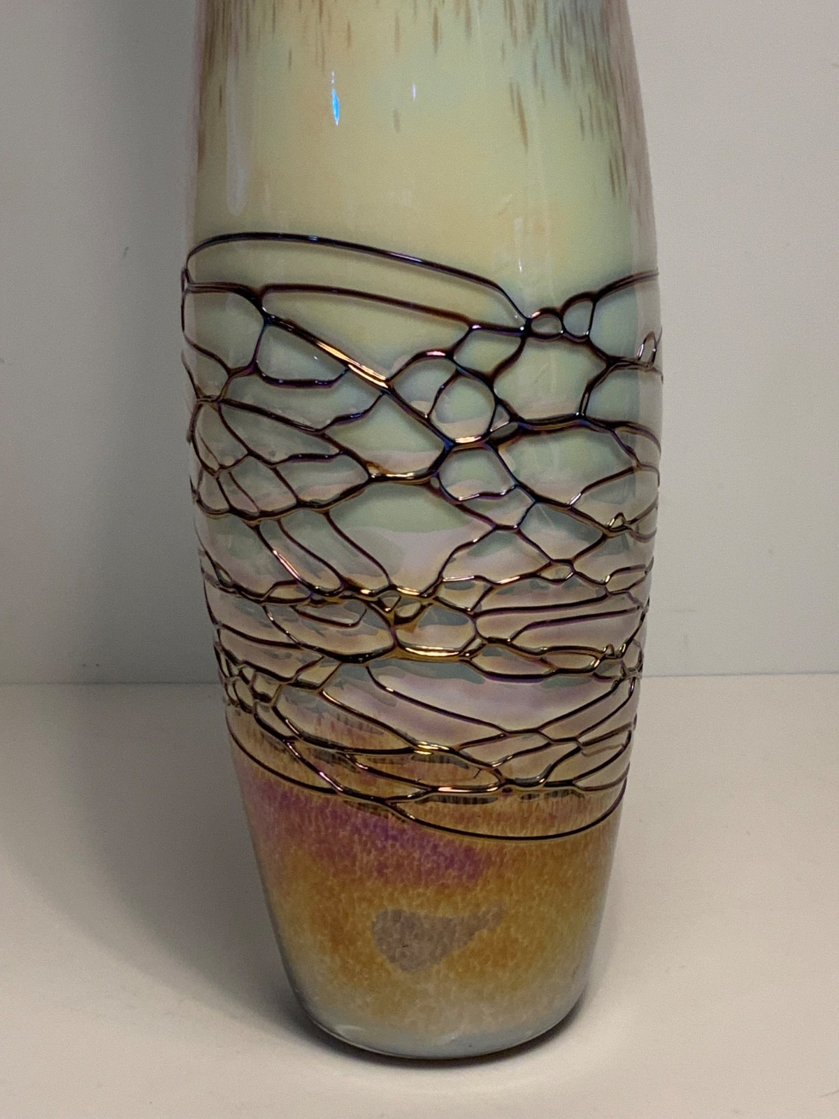 Vintage Pink & White Iridescent Cased Glass Vase 15.75 in.