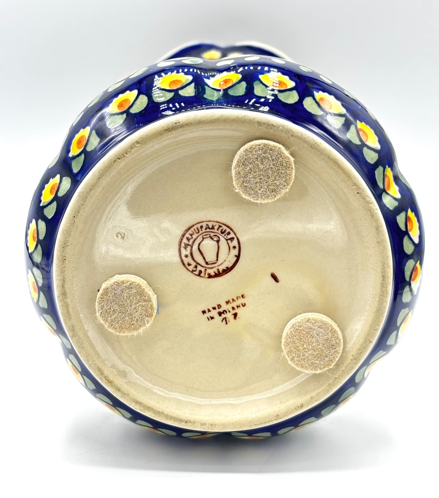 Polish Pottery Boleslawiec Large Ceramic Vase Blue Floral Artist Signed 12” x 6”