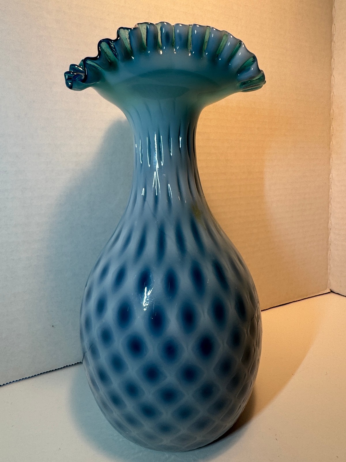 Fenton Glass Vase Diamond Optic Turquoise Opalescent Aqua Blue 9”