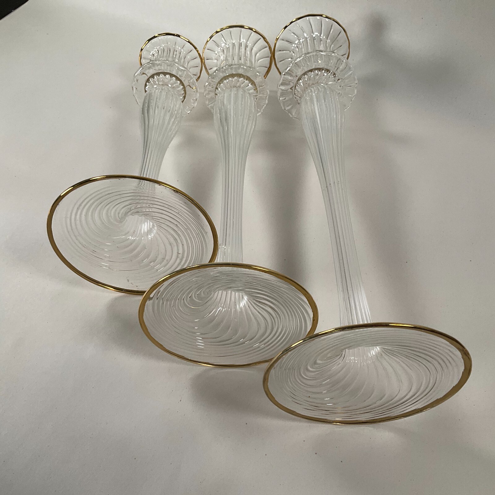 Twisted Glass Candlestick Holders Gold Trim Long Stem Set of 3 Vintage