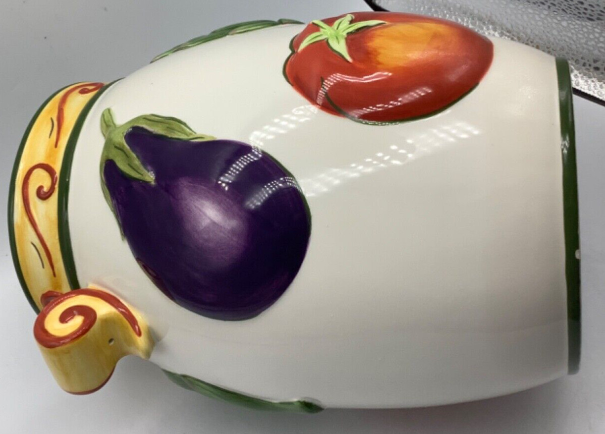 Clay Art Roma Vegetables Hand Painted Vase Utensil Holder Crock Jar Stonelite 8”