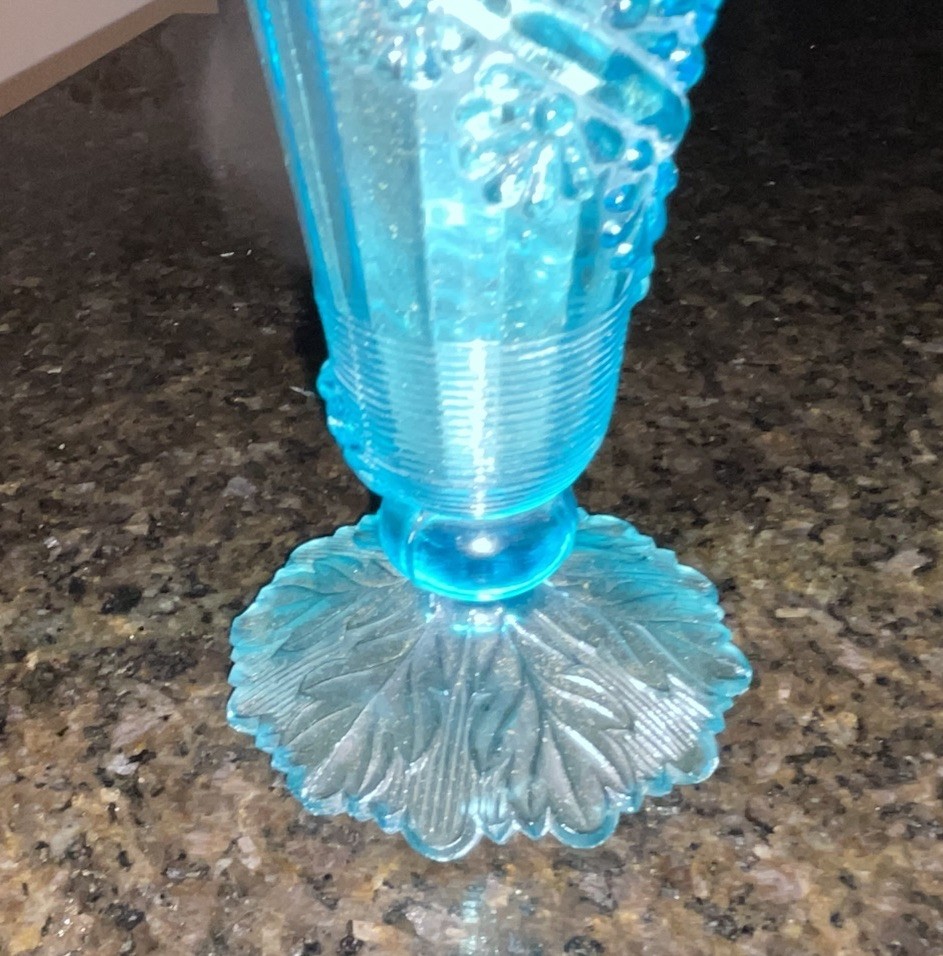 Northwood Fluted Aqua Blue Opalescent Glass w/Flowers Footed Vase~Vintage~