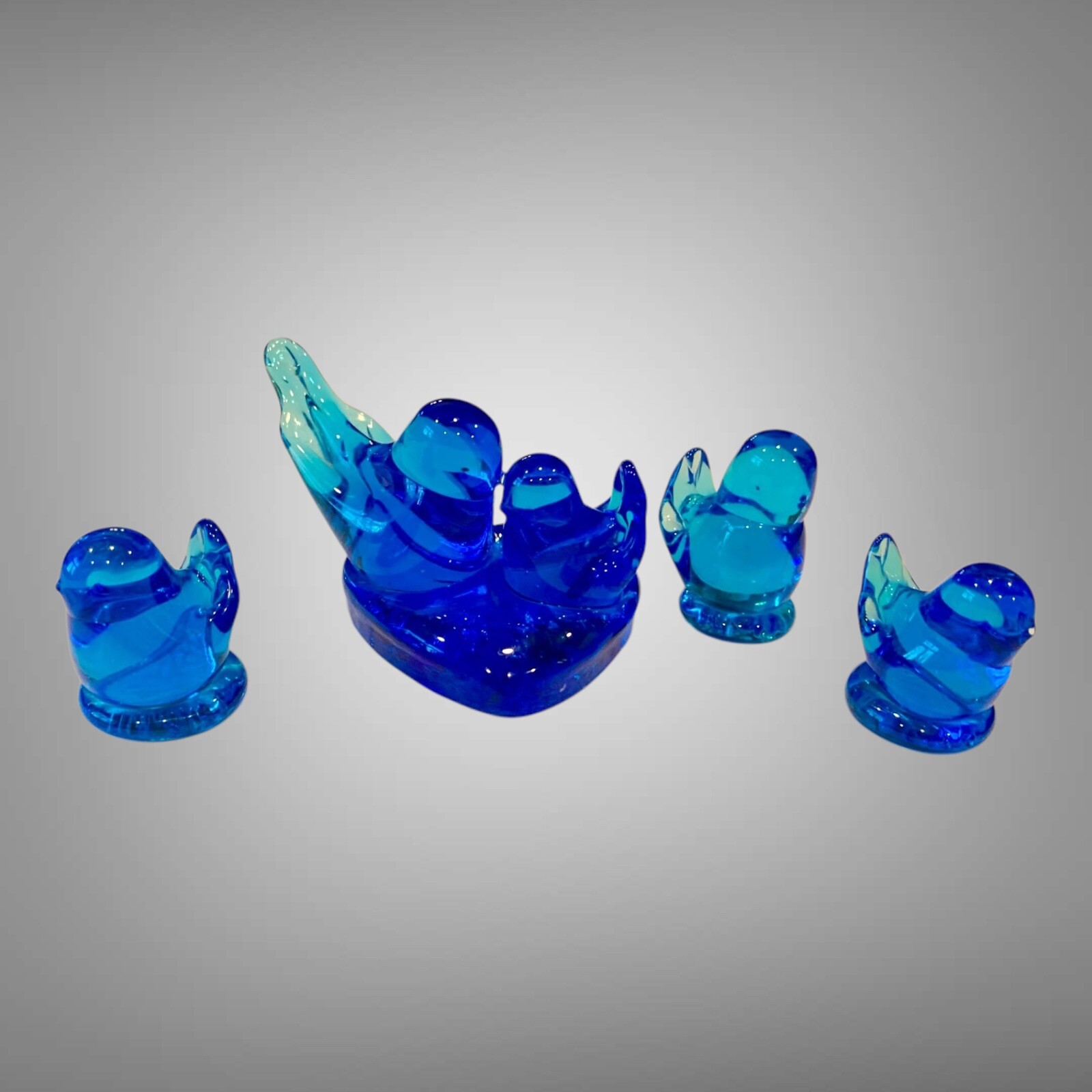 Lot Of 4Signed Leo Ward Blue Glass Blue Birds of Happiness 1989, 1991, 1993,1996