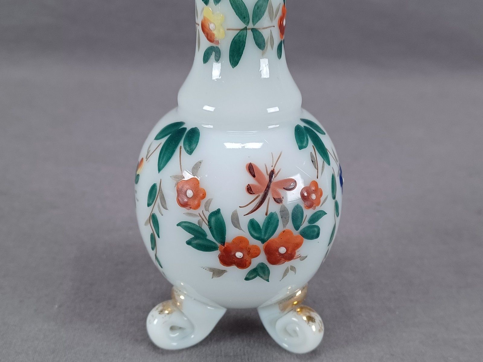 Late 18th Century Bohemian Enameled Dragonflies & Floral Opaline Glass Vase