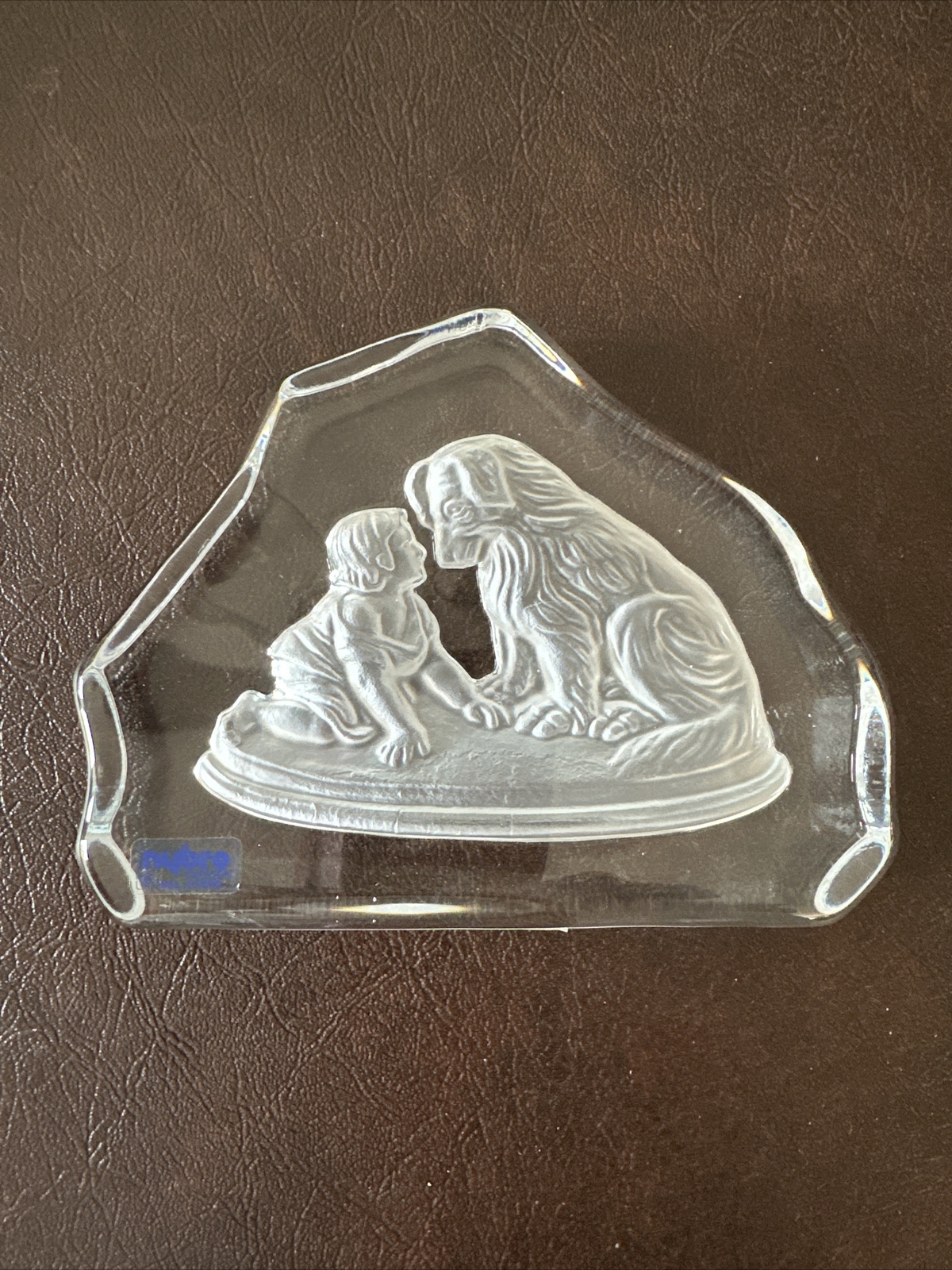 Nybro Sweden Art Glass Crystal Dog and Children Paperweight Signed