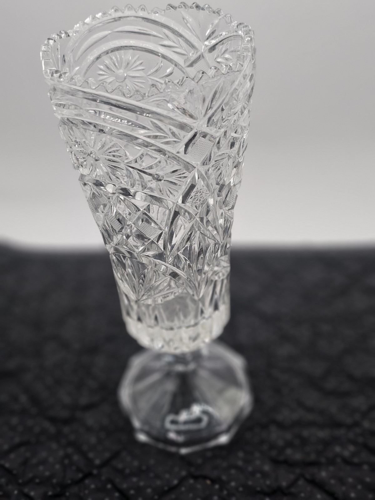Antique 11.5″ ABP Hand-Cut Lead Crystal Trumpet Vase • Faceted Ball Stem • Hobst