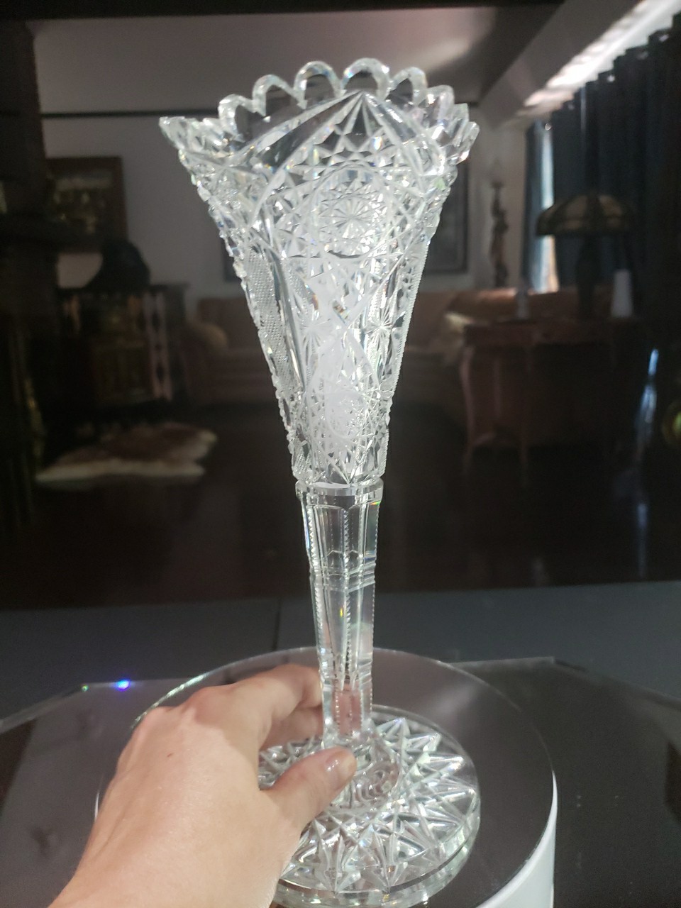 10″ Trumpet VASE, American Brilliant Period Cut Glass Egginton Creswick Quality
