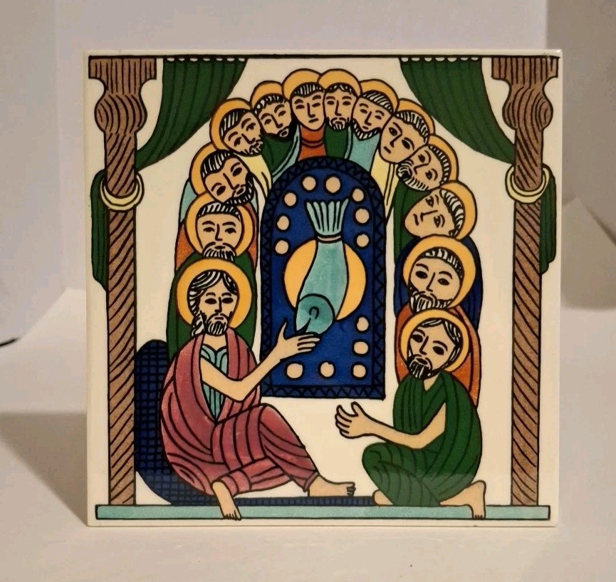 Vintage Jerusalem Pottery Tile Jesus & Apostles Ceramic Trivet 6″