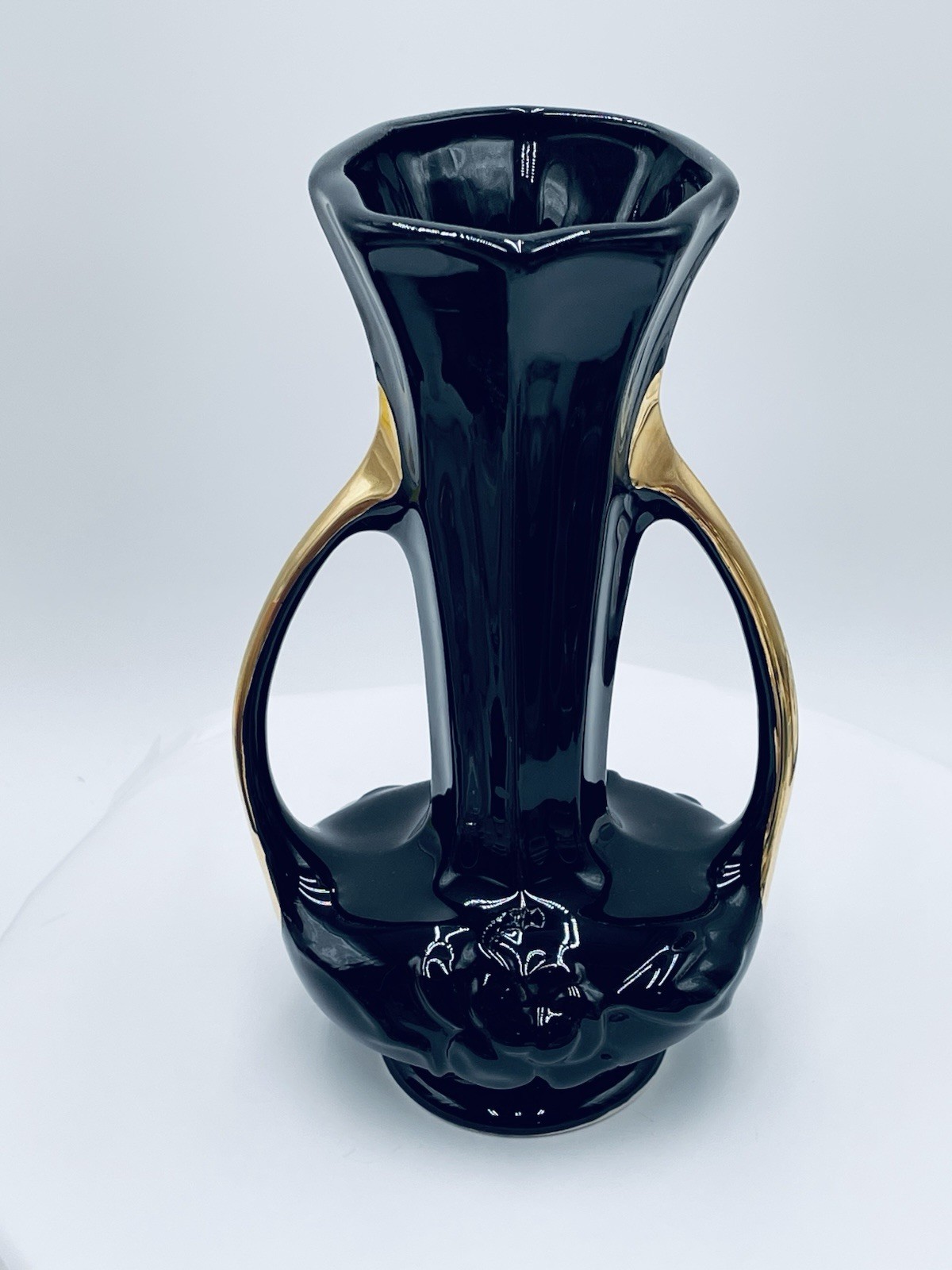 VTG Glossy Black Gold Double Handle Urn Vase Raised 3D Rose Octagon Deco MCM 8″