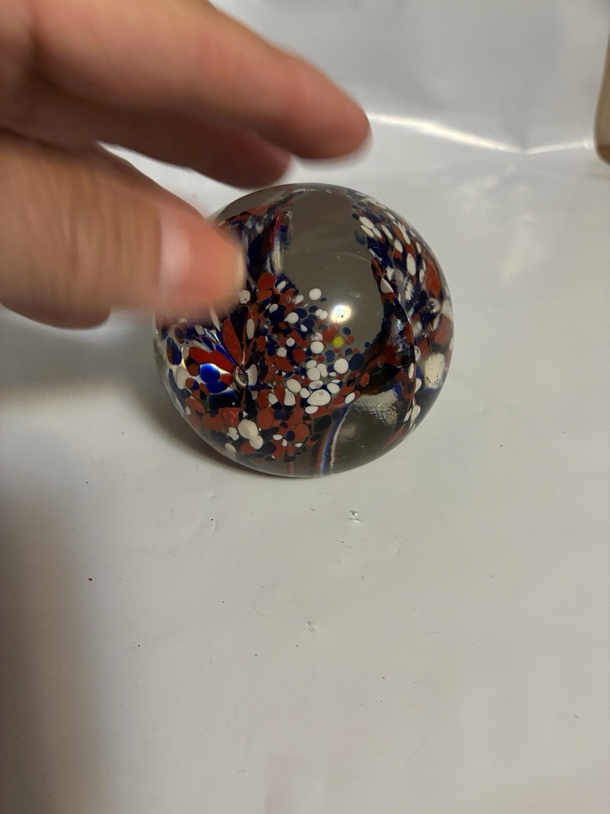 Blown Glass Art Paperweight Flower Red White Blue 3 Fluted Flowers