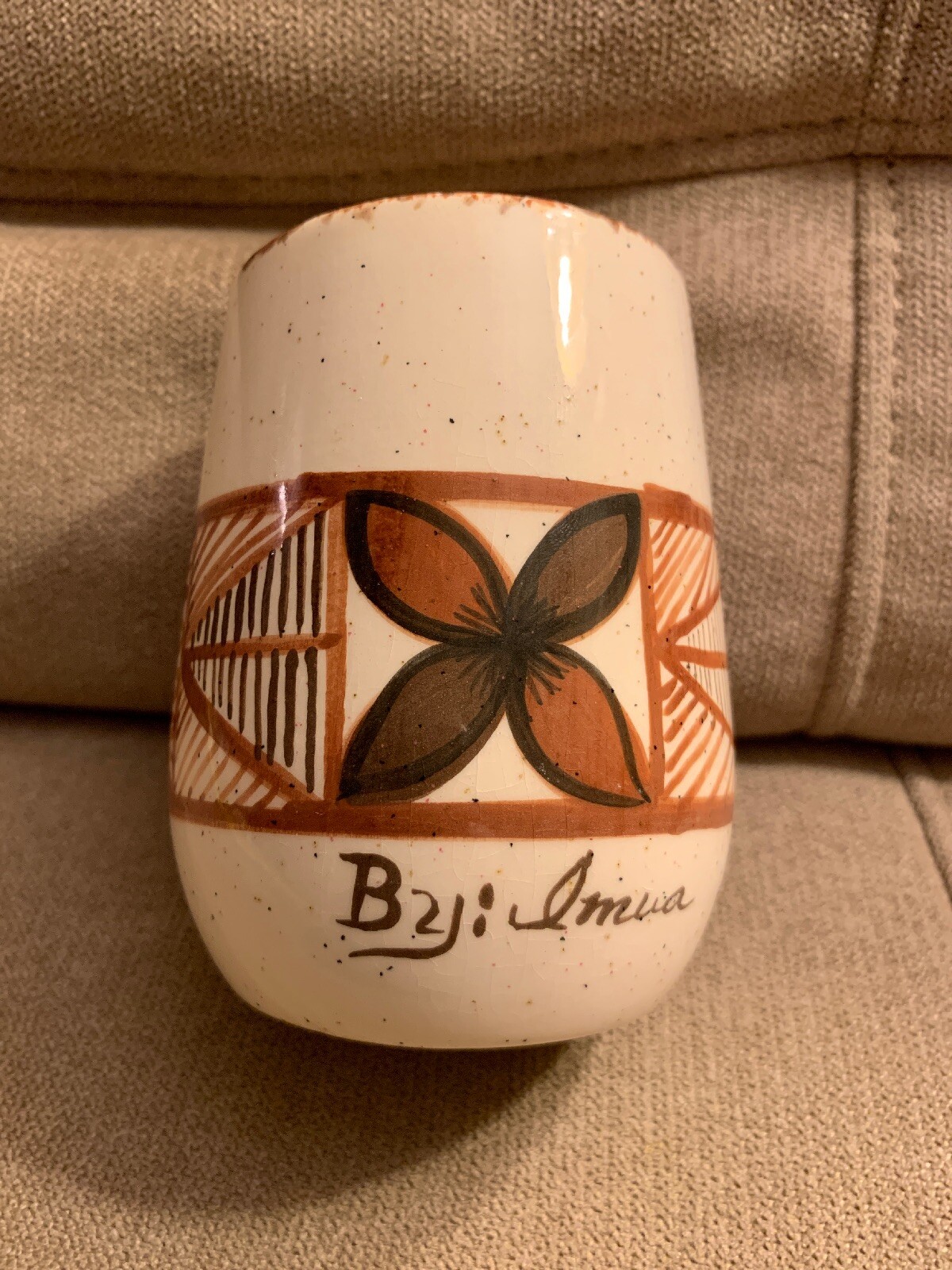 Rare Vintage Kona Hawaii Pottery Cup, Vase Beige & Brown Glaze Signed