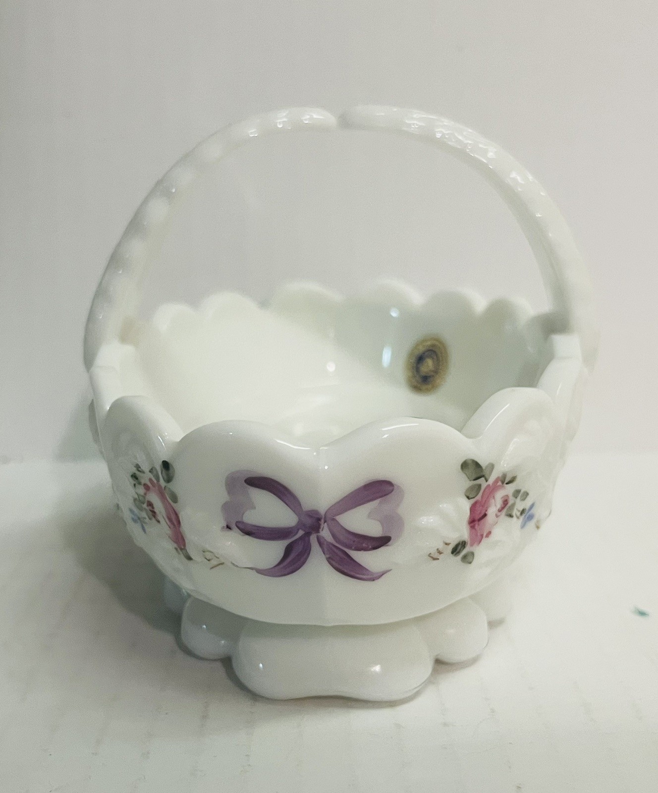 Vintage Westmoreland Paneled Grape Roses & Bows Milk Glass Split Handle Basket