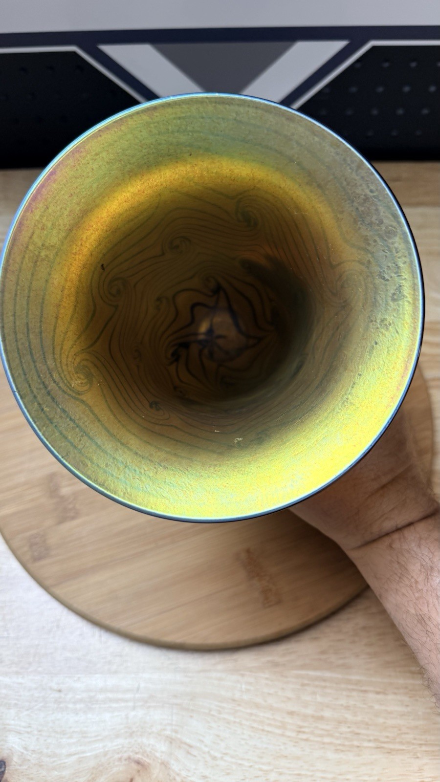 Lundberg Studios Signed 1999 Iridescent Art Glass Swirl Vase Gold Blue 9”