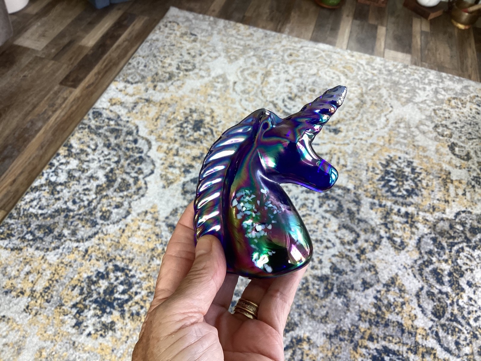Vintage unicorn Paperweight Iridescent Cobalt blue Carnival glass