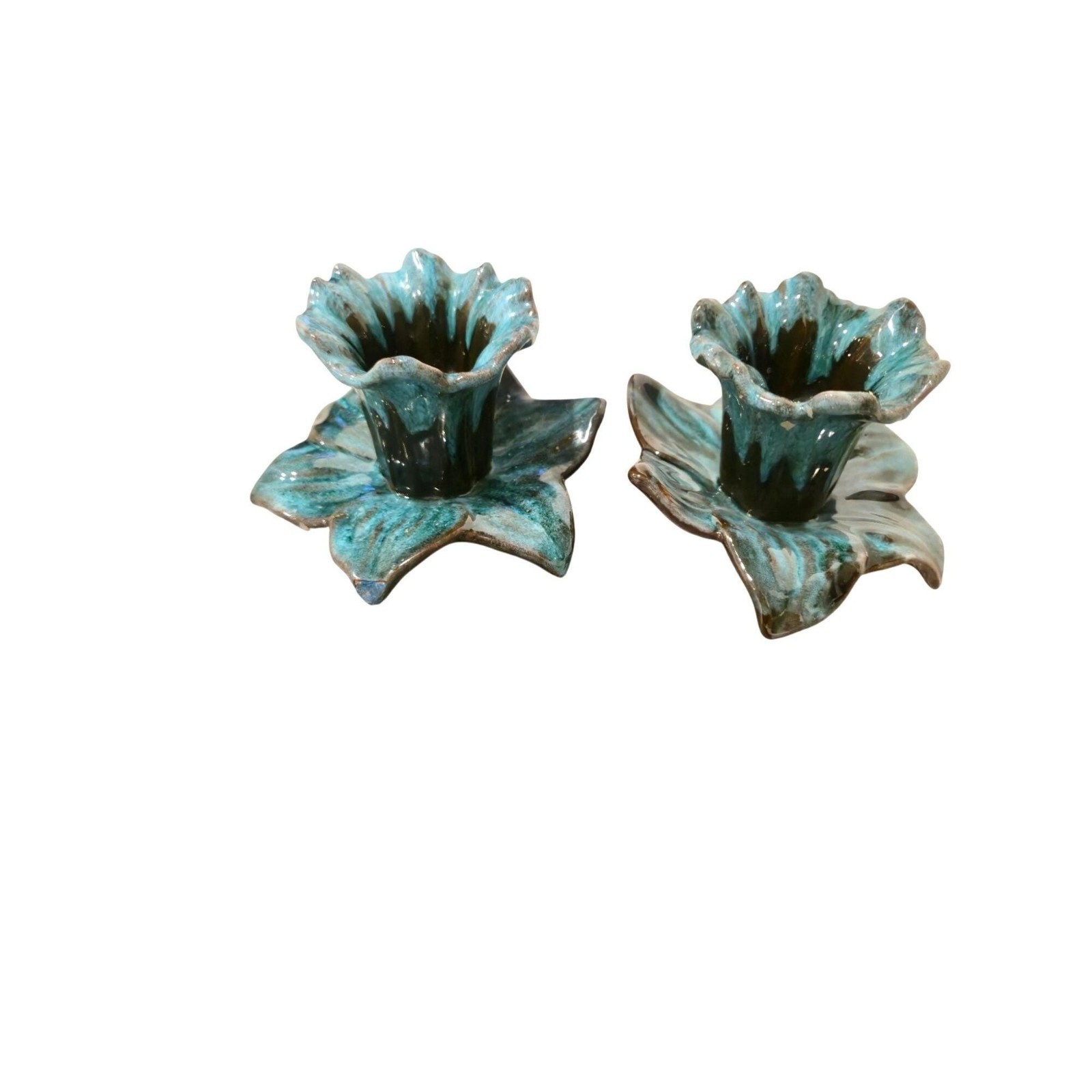 Vintage Pottery Candlestick Holders Daffodil Black turquoise Drip Glaze set of 2