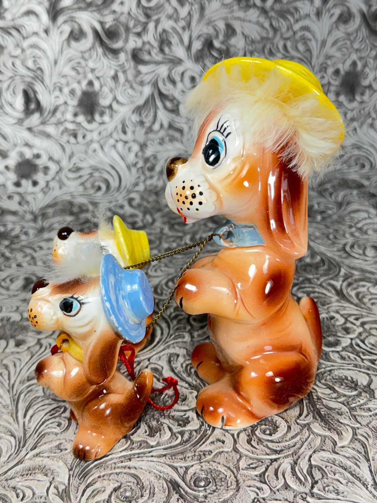 Vintage Mid Century Animal Parade Mama Dog & Puppies Leash MCM Lefton Figurines
