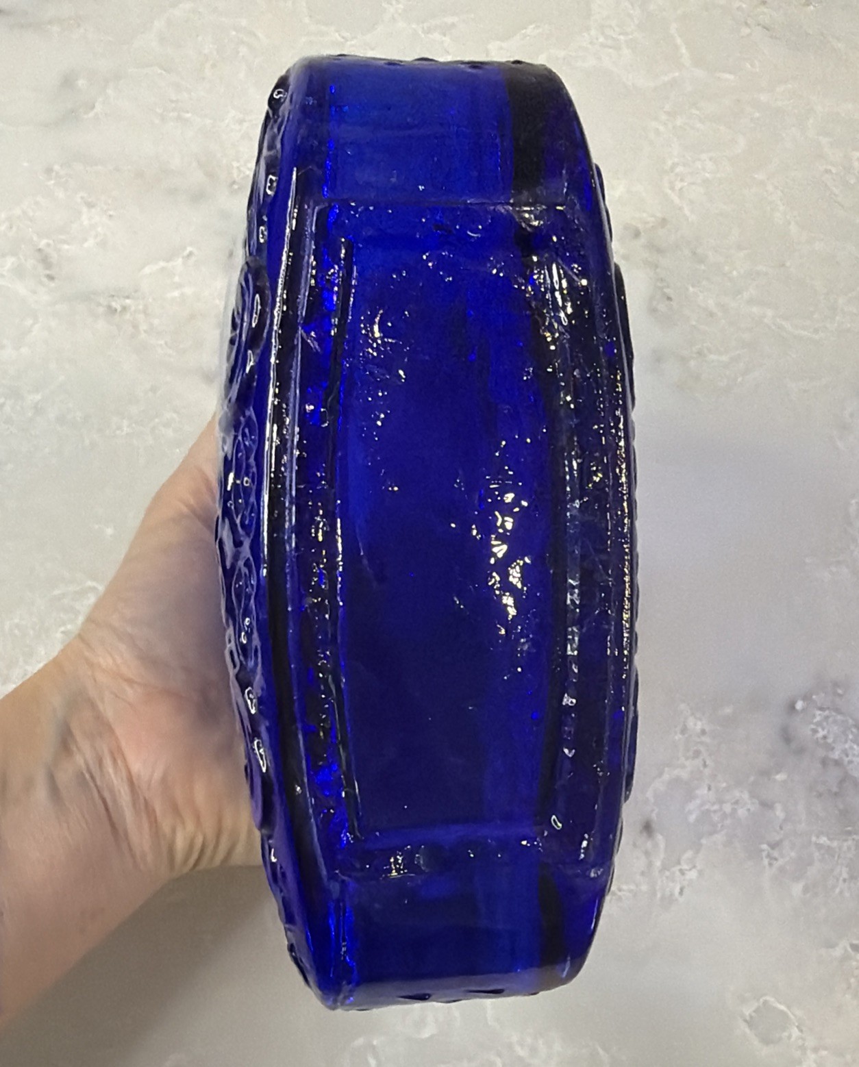 Vintage 8” Spanish Cobalt Blue Glass Bottle w/ Embossed Abstract Floral Design
