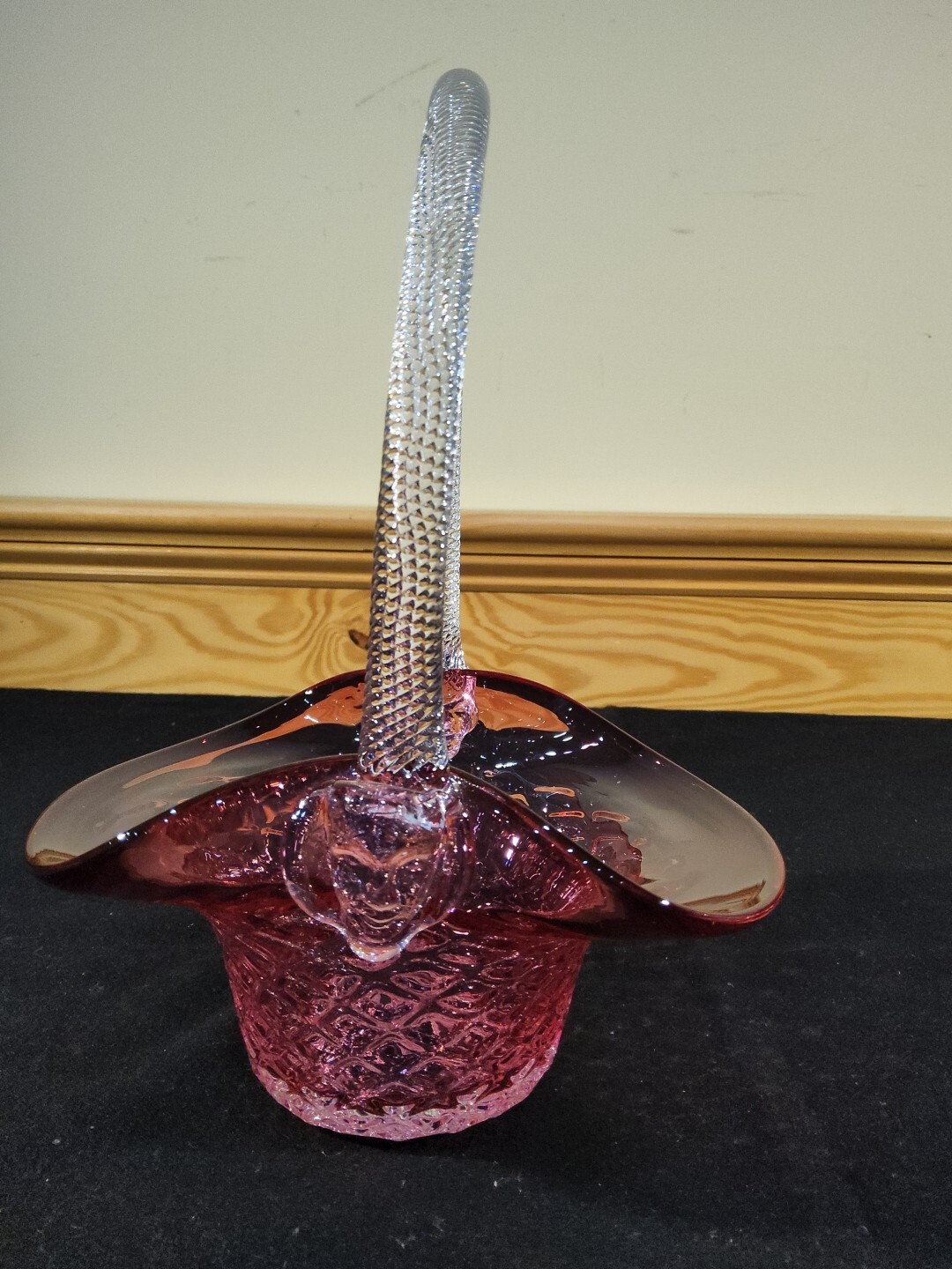 Art Glass Cranberry Bridal Basket Weave Rope Handle Quilted Riekes Chalet Canada