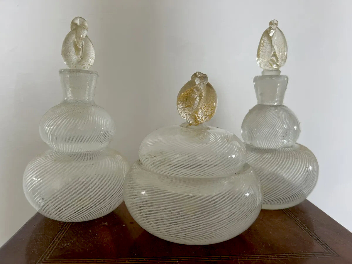 IRICE Murano Aventurine Perfume Barber Bottle Italy Mid Century Set Gold White