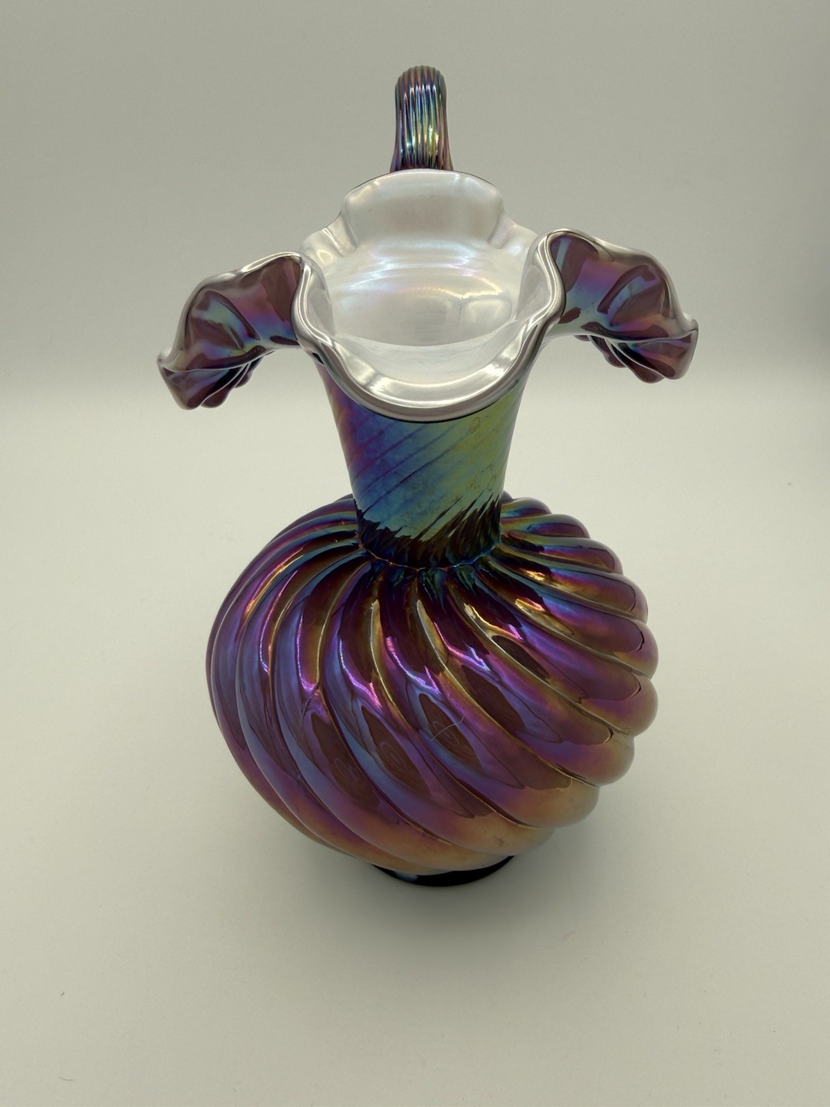 Vintage Fenton Carnival Glass Spiral Swirl Ewer Vase Amethyst Opalescent