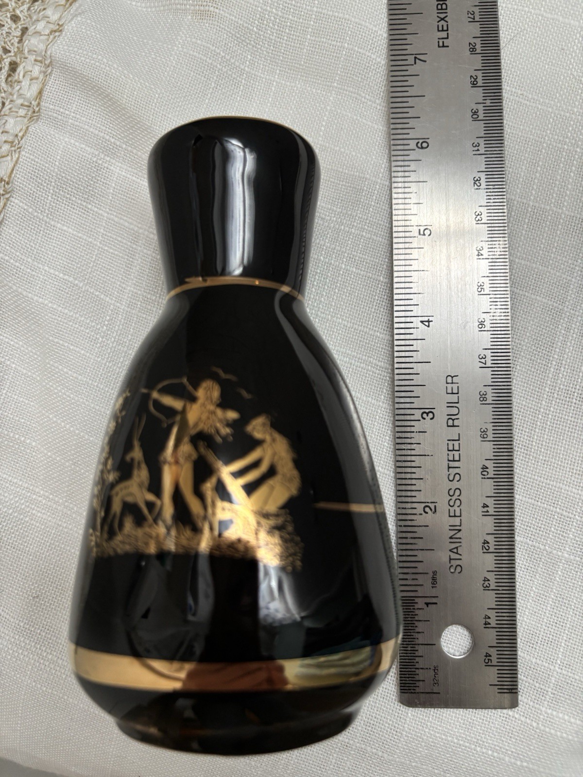 Vintage Handmade Black Art Glass 24K Gold Greek Mythology Meonis Vase