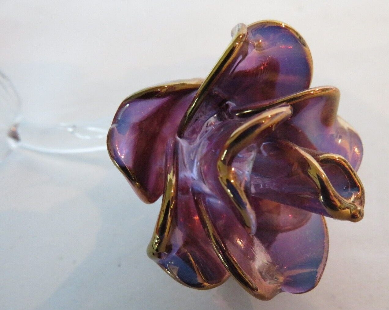 Vintage Hand Blown Rose Flower Art Glass Purple Gold Tip Beauty Belle Gift