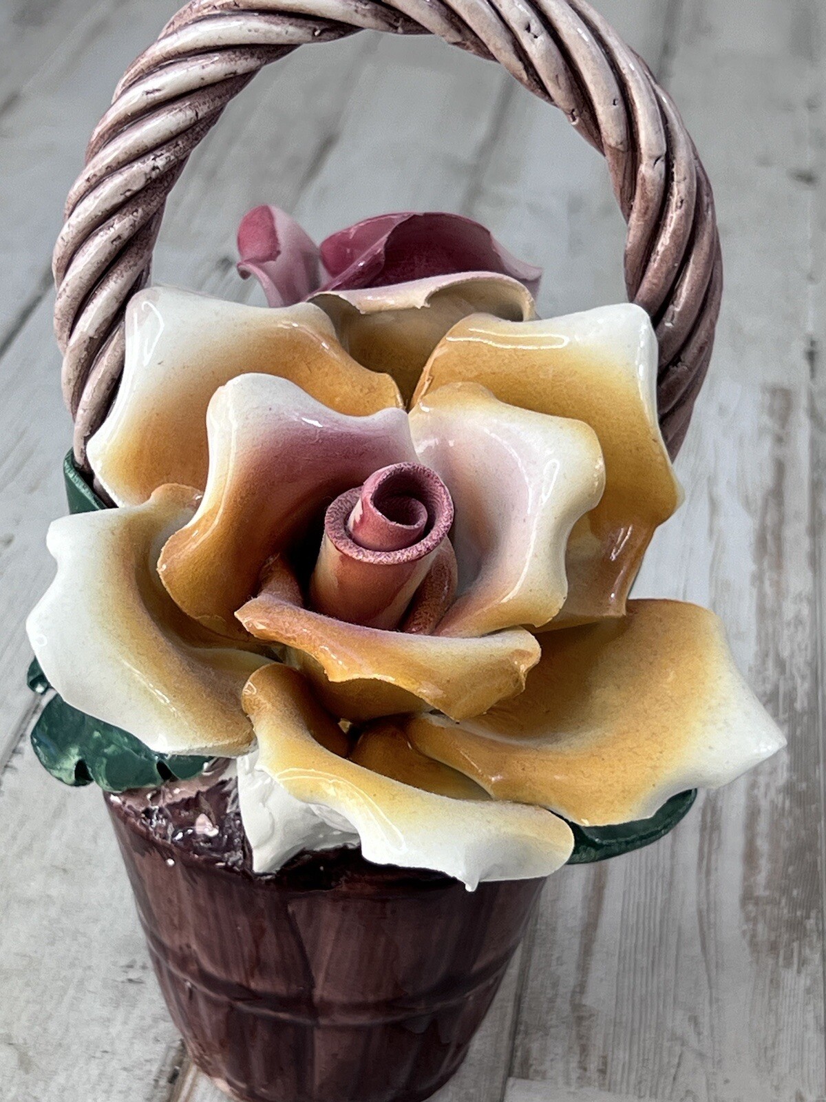Vintage Capodimonte Flowers In Basket Pale Pink and Yellow