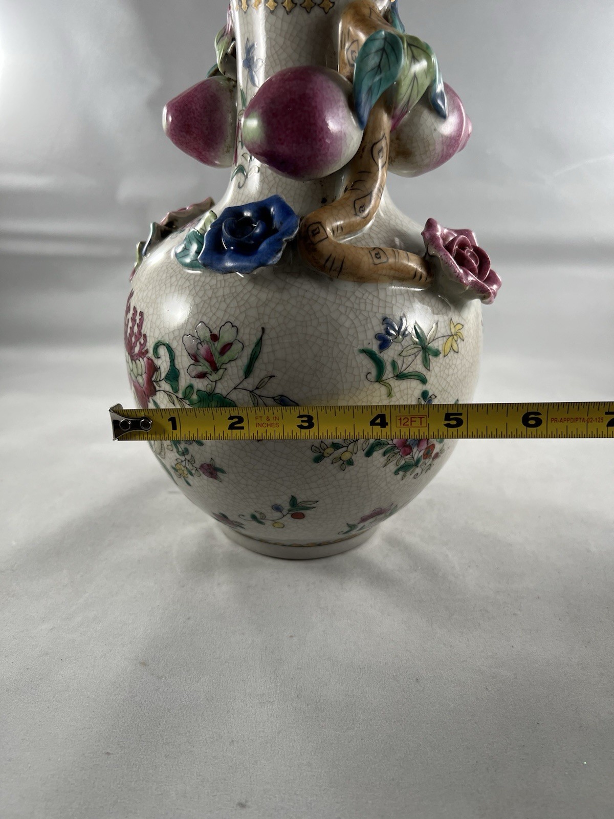 Vtg Amita Chinese Hand Painted Pottery Vase With Crackle Finish. Fruit Statement
