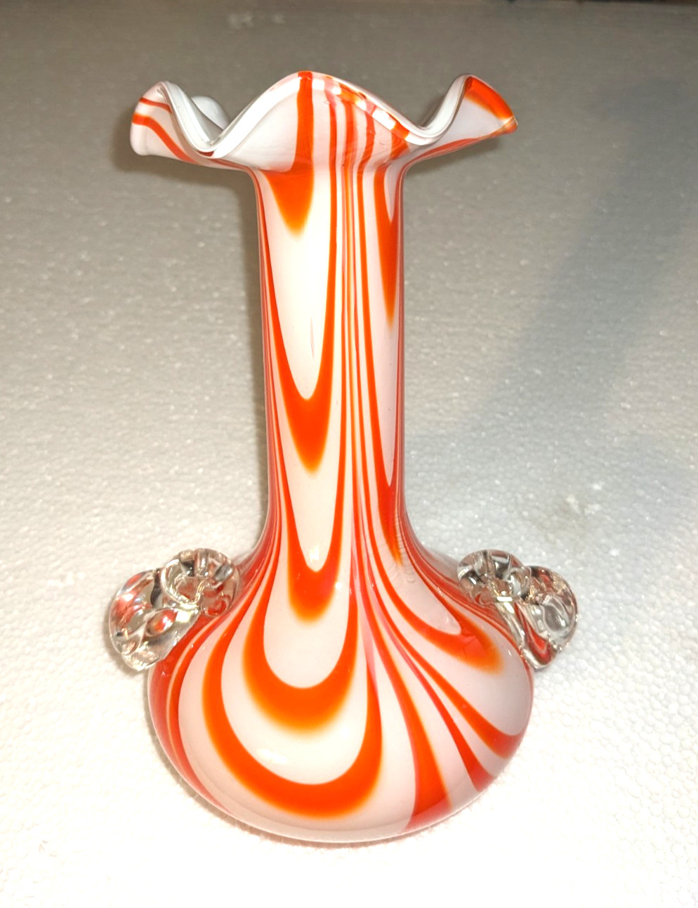 VTG Hand Blown Orange & White Striped Swirl Glass Vase 1970’s MINT One of a Kind