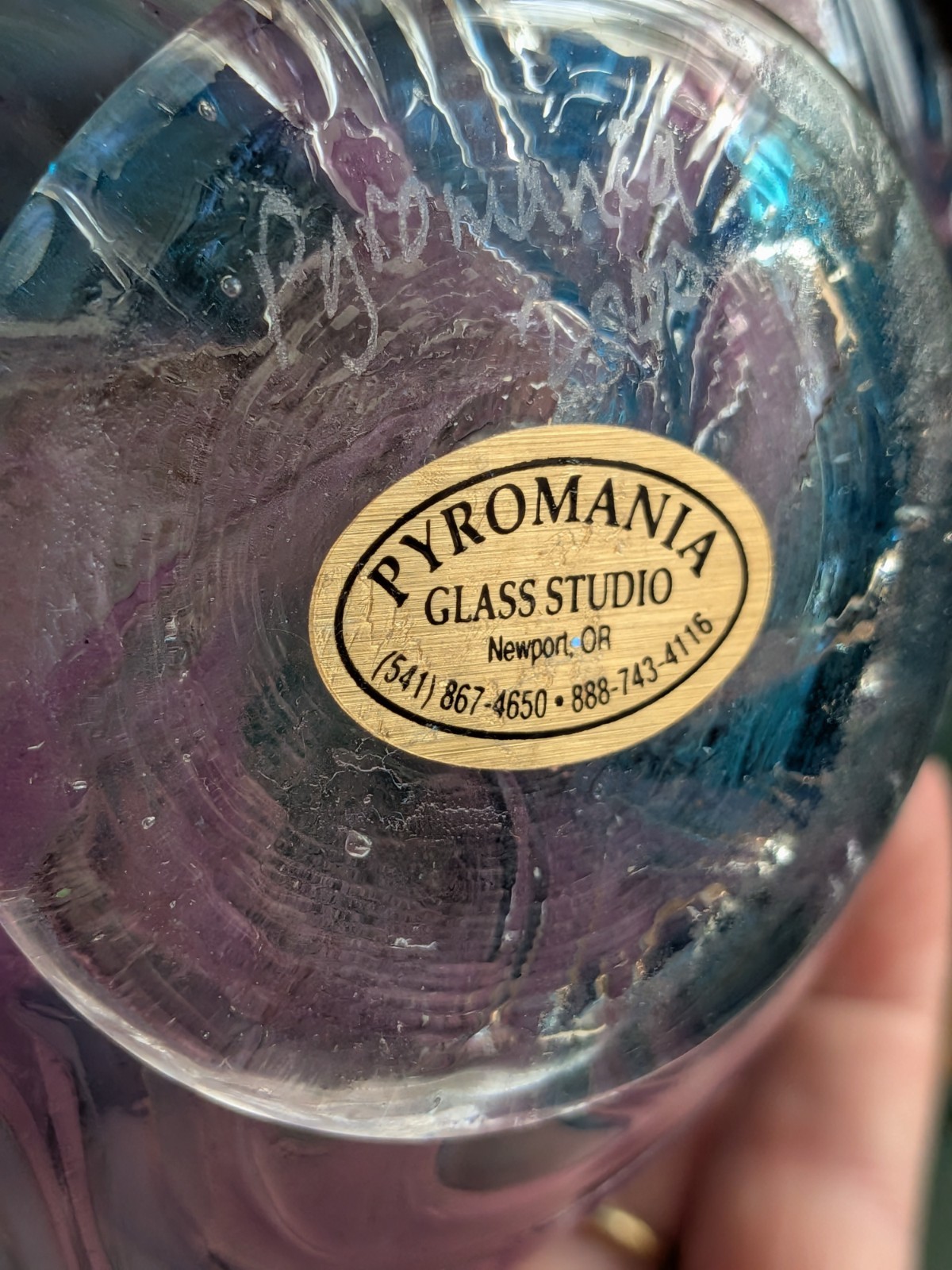 Pyromania Oregon Float Large Purple Art Glass Ball Orb Sphere Blue Swirl Signed