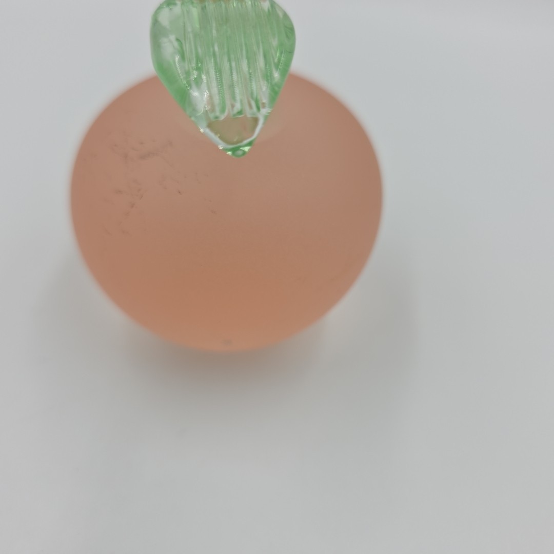 Vintage Art Glass Peach Paperweight Frosted Pink with Glossy Green Stem & Leaf