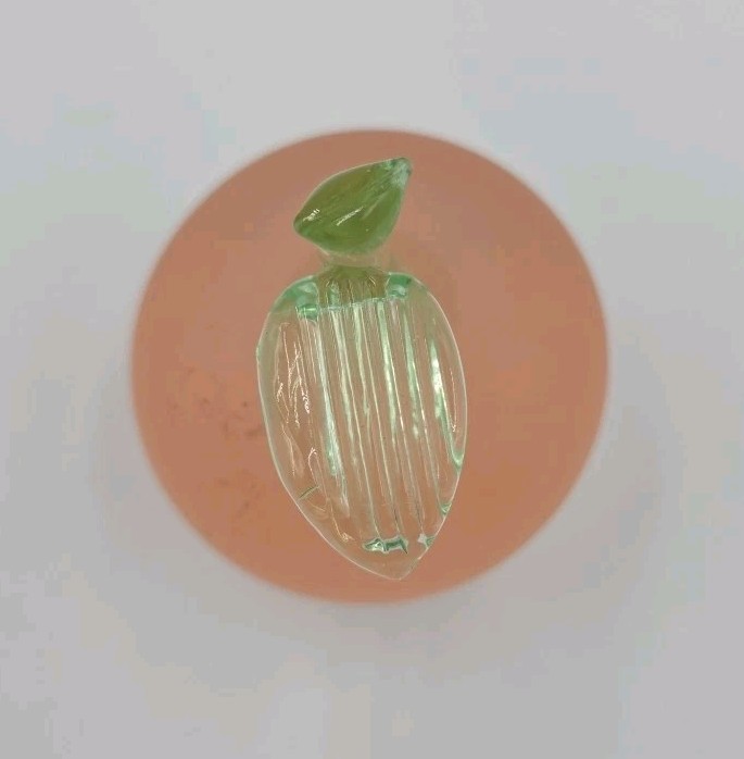 Vintage Art Glass Peach Paperweight Frosted Pink with Glossy Green Stem & Leaf
