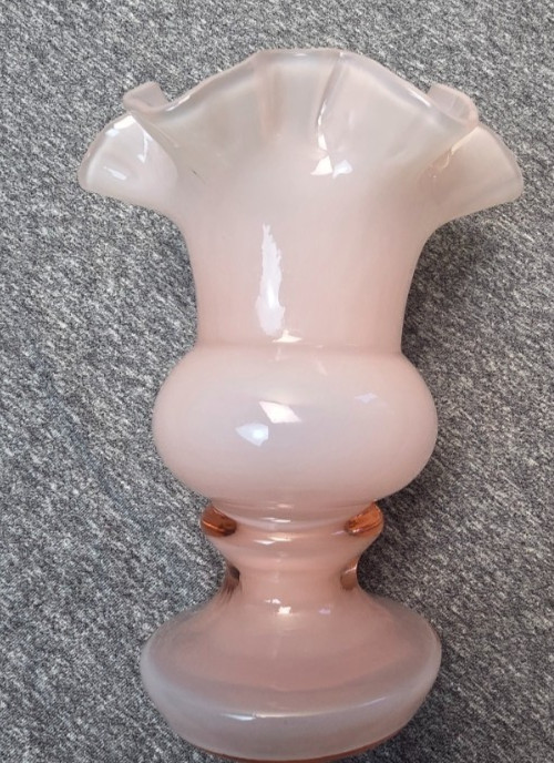 Vintage Fenton Pink Peach Crest Ruffled Crimped Clear Glass Edge Vase *Read