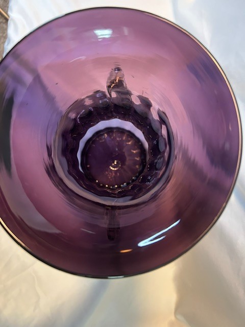 VNTG MURANO STYLE DEEP PURPLE RUFFLE RIBBED HAND-BLOWN GLASS VASE W/ HANDLES 13