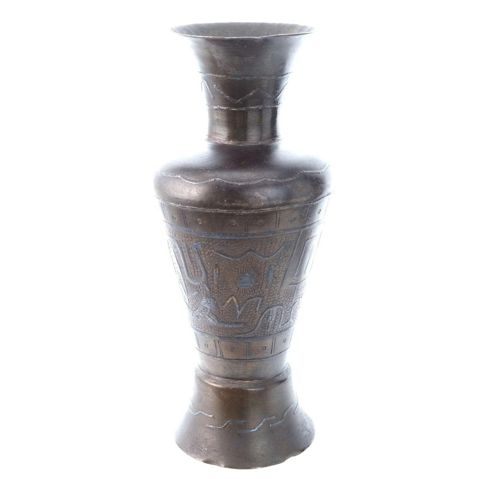 c1900 Egyptian Brass Vase with sterling silver overlay Camels, Pyramids, Sphinx