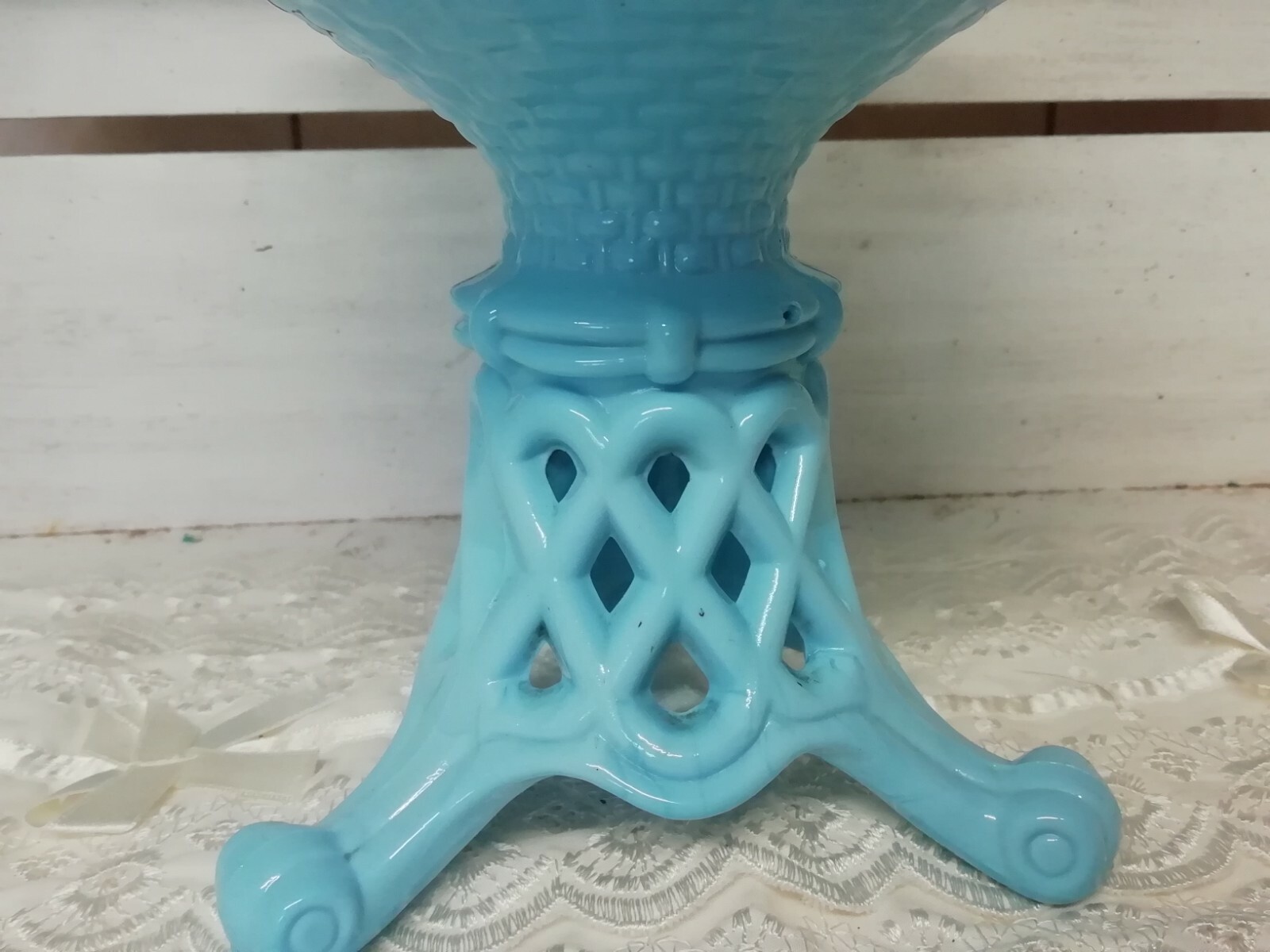 Antique Victorian Sowerby Blue Vitro Porcelain Milk Glass Basket Weave Comport