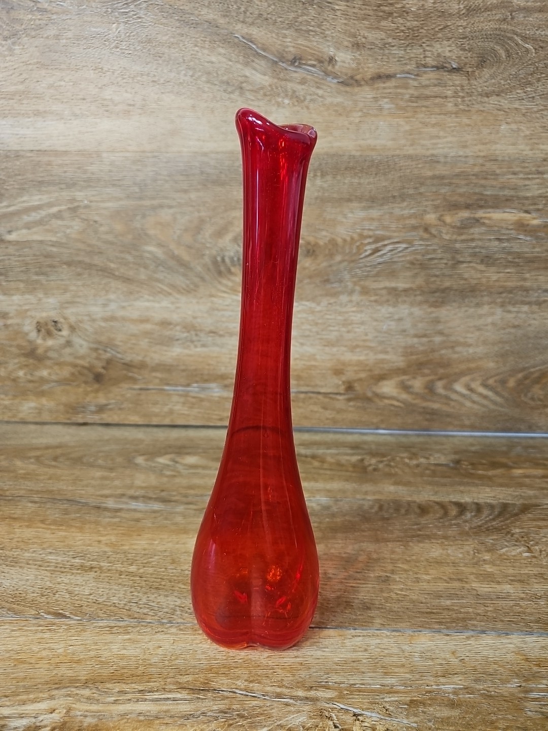 Vintage MCM Retro 1960s Art Glass RED Swung Flower Bud Vase Hand Blown 11.5″