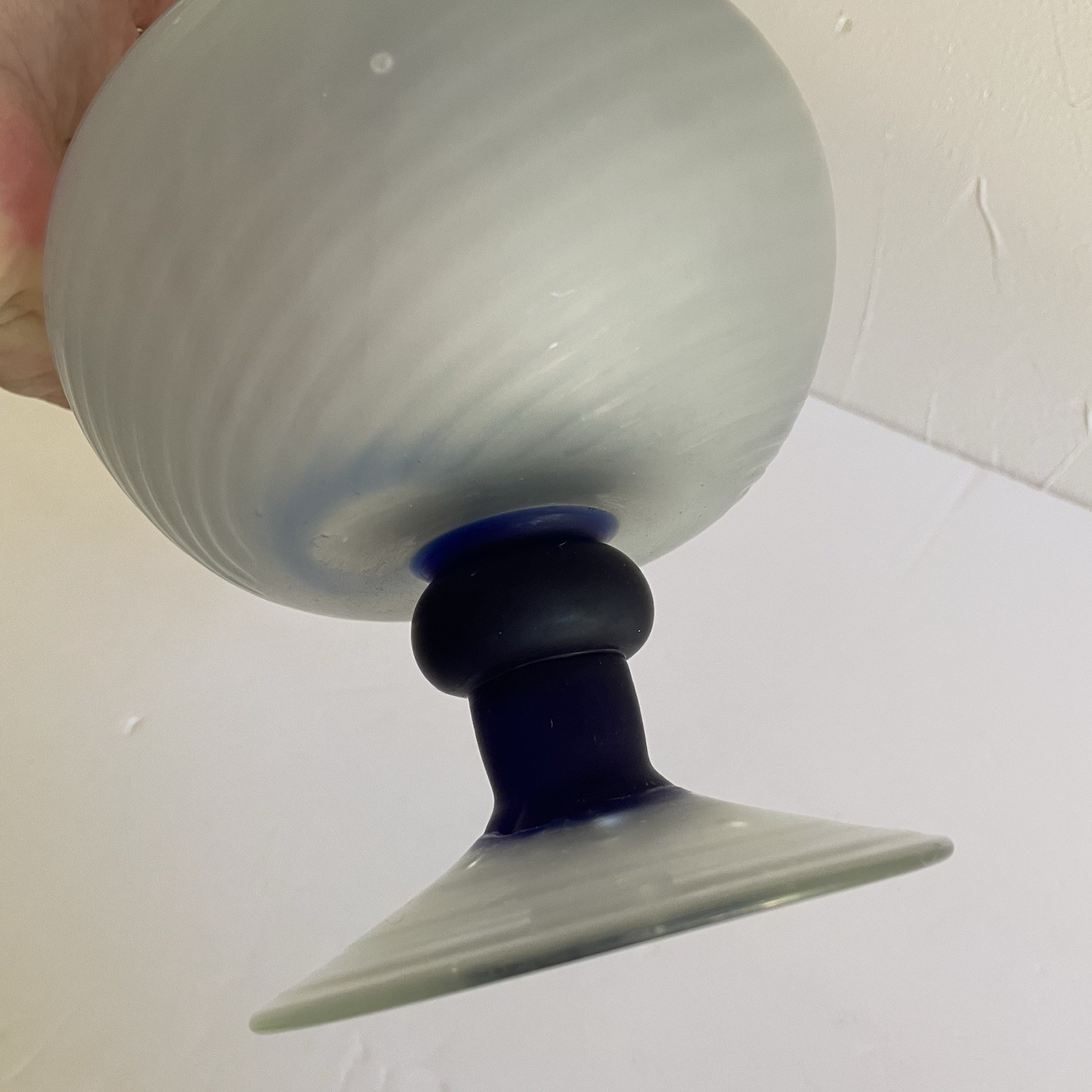 Hand Blown Vintage Satin Art Glass Vase Two Toned Blue 11.5” Frosted 2 Handles