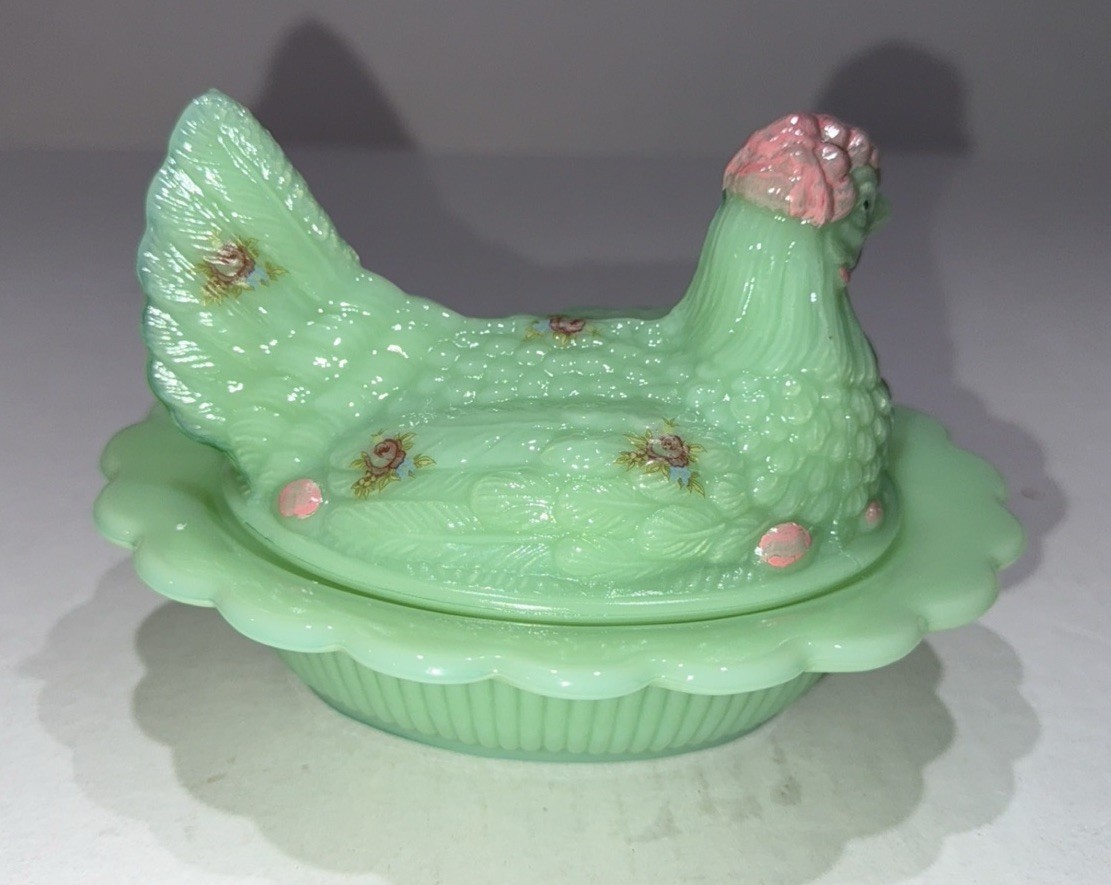 Mosser Jadeite Glass Hen on Nest Limited Edition Rosso Hand Painted #33/50