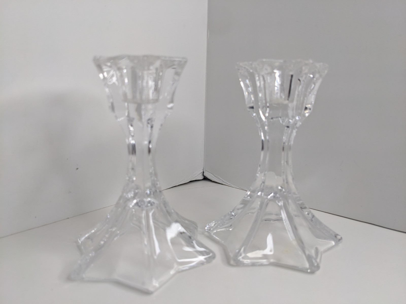 2 Vintage Crystal Taper Candle Stick Holders Star Shape 4” Set Of 2